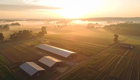 As the sun crests the horizon, its golden rays pierce through a thick morning mist, illuminating a tranquil farm below. This aerial perspective captures the peaceful start to a new day in the countryside, where fields and barns await the days work, shrouded in a serene, foggy glow.の素材