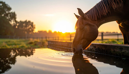 In the quiet moments of dawn, a horse quenches its thirst from a still trough. The rising sun casts a warm, golden glow over the tranquil farm scene, reflecting beautifully on the waters surface, symbolizing a peaceful start to a new day.の素材
