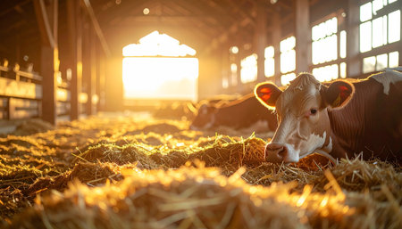 A content dairy cow rests peacefully in a bed of golden hay as the warm, early morning sun streams through the barn door. The tranquil scene evokes a sense of idyllic, traditional farm life and natural, wholesome agriculture.の素材