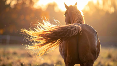 A majestic brown horse stands peacefully in a field as the setting sun illuminates its flowing tail. The golden hour light creates a magical, warm glow, highlighting the beauty and serenity of this rural scene. A moment of tranquil freedom in nature.の素材
