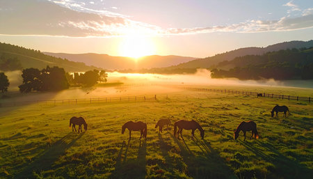 As the sun crests over rolling hills, its golden rays pierce the morning mist, illuminating a herd of horses peacefully grazing. This tranquil aerial scene captures the serene beauty of a new day dawning in the countryside.の素材
