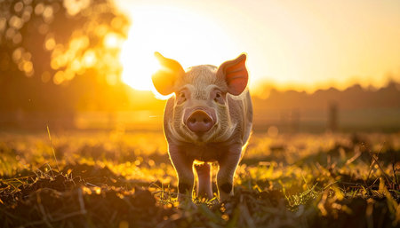 A curious young pig stands in a muddy field, bathed in the warm, golden glow of a beautiful sunset. The low light creates a serene and idyllic atmosphere, highlighting a peaceful moment in rural farm life and evoking feelings of innocence and tranquility.の素材