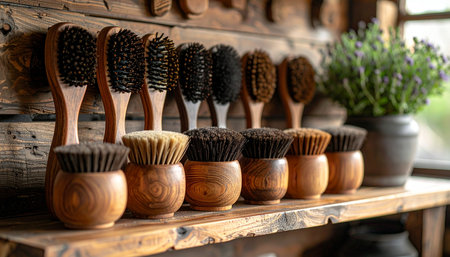A curated collection of handcrafted wooden brushes sits on a weathered timber shelf, their natural bristles catching the soft light. This scene evokes a sense of traditional craftsmanship, sustainable living, and the simple beauty of everyday, eco-friendly tools.の素材