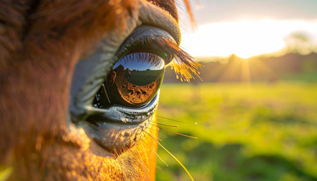 In the soft, warm glow of a setting sun, a horses eye reflects the golden landscape. This intimate macro shot captures a moment of serene connection, revealing the gentle soul and quiet wisdom of the animal against a peaceful countryside backdrop.の素材