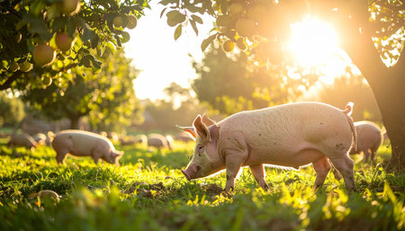 In the warm glow of a golden sunset, a family of pigs roams freely through a verdant orchard. This idyllic pastoral scene embodies the principles of sustainable farming, animal welfare, and a harmonious life in the countryside.の素材