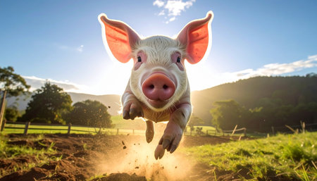 A happy young piglet experiences pure joy, running and leaping through a farm field at sunrise. Bathed in the warm golden light, this energetic animal embodies freedom, optimism, and the simple pleasures of a new day in the countryside.の素材