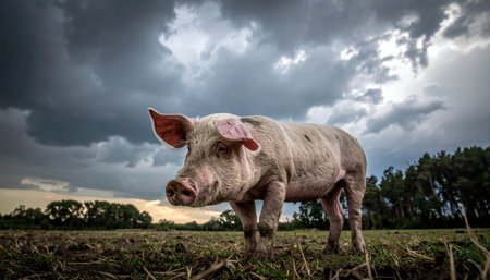 A solitary pig stands firm in a freshly tilled field, its gaze steady under a vast, dramatic sky filled with gathering storm clouds. This powerful, low-angle shot captures a moment of resilience and the raw beauty of rural life.の素材