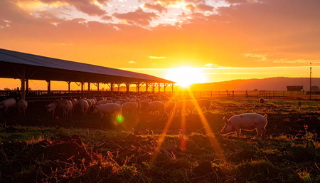 As the sun dips below the horizon, its golden rays cast a warm, serene glow over a rural sheep farm. A flock of sheep grazes peacefully in the pasture, their silhouettes dotting the landscape as they settle in for the evening, capturing the tranquil beauty of agricultural life.の素材
