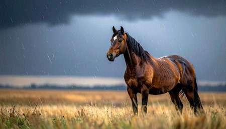 A powerful brown horse stands resolute in a golden field, its dark coat contrasting with the dry grass. In the background, a dramatic, dark storm cloud gathers, creating a sense of impending drama and showcasing the resilience of nature.の素材