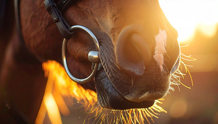 As the sun dips below the horizon, its last golden rays catch the soft whiskers of a horses muzzle. This intimate close-up captures a quiet, peaceful moment at the end of a day, highlighting the gentle connection between animal and nature in the warm evening light.の素材
