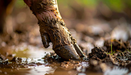 A detailed close-up captures a pigs trotter covered in rich, wet mud. This image evokes a sense of authentic, free-range farm life and a deep connection to the earth, highlighting the rustic and natural beauty of agriculture.の素材