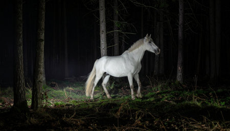 A majestic white horse appears like a spirit in the deep, dark woods, its form brilliantly illuminated by a mysterious light. This enchanting and surreal scene evokes a sense of magic, mystery, and the untamed beauty of nature in a fairytale setting.の素材