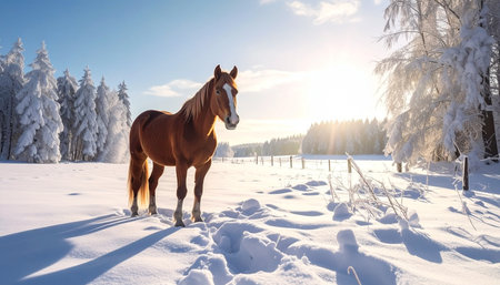 A majestic brown horse stands peacefully in a pristine, snow-covered field as the morning sun casts a golden glow over the winter landscape. The crisp air and quiet solitude create a scene of serene natural beauty and tranquility.の素材