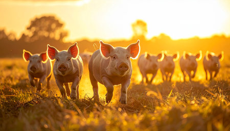 A group of adorable piglets runs enthusiastically through a grassy field, their forms silhouetted by the warm, golden light of a beautiful sunset. This charming scene captures a sense of joyful freedom, innocence, and the simple beauty of life on the farm.の素材
