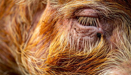 An extreme close-up reveals the intricate details of a pigs closed eye. Coarse, ginger-colored bristles surround the wrinkled skin, and delicate eyelashes create a serene and peaceful portrait, highlighting the quiet, often unseen textures of farm life.の素材