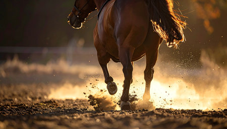 A powerful horse gallops with unbridled energy, its hooves kicking up a cloud of dust illuminated by the warm, golden light of a dramatic sunset. This image captures a moment of pure freedom, strength, and the untamed spirit of nature in motion.の素材