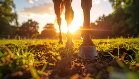 From a low angle, a horse stands peacefully in a grassy field as the day comes to a close. The setting sun casts a warm, golden glow, creating a beautiful lens flare and silhouetting its powerful legs. This serene moment captures the quiet beauty and tranquility of rural life.の素材