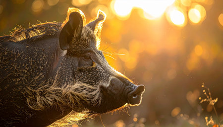 A majestic wild boar stands peacefully in the forest, its coarse bristles illuminated by the warm, golden glow of the setting sun. The tranquil evening light creates a beautiful bokeh, highlighting the serene and untamed spirit of this powerful creature in its natural habitat.の素材