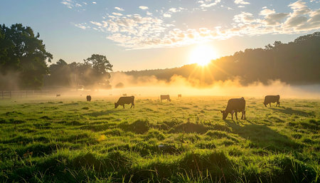 As the golden sun rises, its rays cut through the morning mist, illuminating a peaceful scene of cows grazing in a lush, green pasture. A tranquil and idyllic start to the day in the quiet countryside.の素材