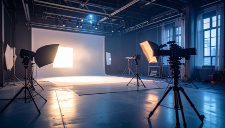 The professional film and photography studio stands ready for the next big production. Bright lights are positioned on the dark floor, illuminating the large white cyclorama background, creating a space where creative visions come to life.の素材