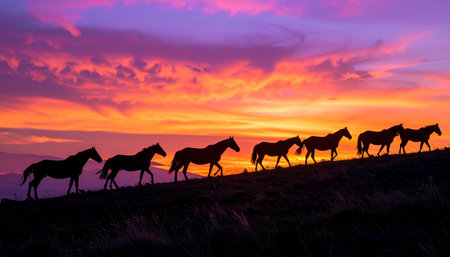 A herd of majestic horses walks in a single file line along a ridgetop, their powerful forms silhouetted against a breathtakingly vibrant sunset. The fiery orange, pink, and purple sky creates a dramatic backdrop for this scene of natural freedom, teamwork, and an untamed journey into the twilight.の素材