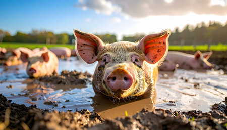 A curious and happy pig takes a break from its playful mud bath to greet the camera on a beautiful, sunny day. This charming, low-angle shot captures the simple joys of farm life and the authentic, carefree spirit of an animal enjoying its natural environment.の素材