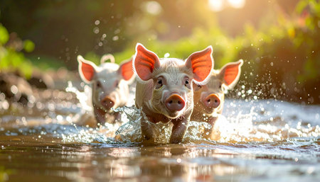 Three adorable piglets burst with joy as they splash and play in a shallow stream, their energetic fun illuminated by the warm, golden glow of a setting sun. This heartwarming scene captures a moment of pure, uninhibited happiness and the simple pleasures of nature.の素材