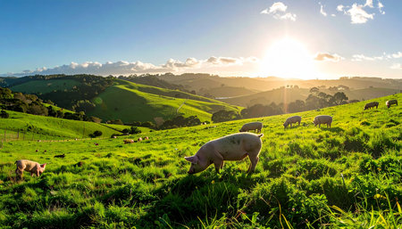 As the golden sun rises over the rolling green hills, a flock of sheep peacefully grazes in the fresh morning light. This idyllic rural scene captures the tranquility and natural beauty of the countryside, evoking a sense of peace, harmony, and sustainable farming.の素材