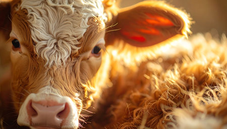 A newborn calf, with its soft, curly fur, is bathed in the warm, golden glow of the morning sun. This close-up portrait captures the innocence and gentle nature of new life on the farm, with light beautifully illuminating its features and creating a peaceful, idyllic scene.の素材