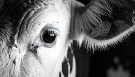 A dramatic black and white close-up captures the soulful and curious gaze of a young cow. The detailed texture of its fur and the deep, reflective eye create an intimate portrait, inviting contemplation on animal consciousness and life on the farm.の素材