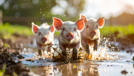 Three adorable piglets experience pure joy as they playfully run and splash through a muddy puddle on a sunny farm. Bathed in the warm glow of the golden hour, their energetic and carefree spirit captures a perfect moment of innocence and fun in the countryside.の素材