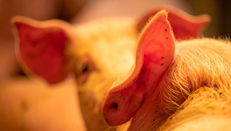 In the warm, golden light of the barn, a young piglet stands among its siblings. The camera focuses intimately on the delicate texture and shape of its ear, capturing a quiet moment of farm life. This detailed view highlights themes of agriculture and animal husbandry.の素材