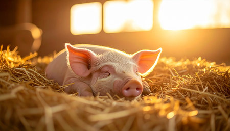 A small, content piglet rests peacefully in a bed of golden hay, bathed in the warm, soft light of a sunrise streaming through a barn window. The serene scene evokes feelings of tranquility, innocence, and the simple joys of farm life.の素材