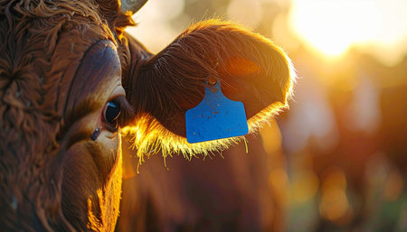 A close-up shot captures the details of a cows ear, highlighted by the warm, golden glow of a setting sun. The blue identification tag stands out, symbolizing modern agriculture, livestock management, and the traceability of food in a peaceful, rustic farm setting.の素材