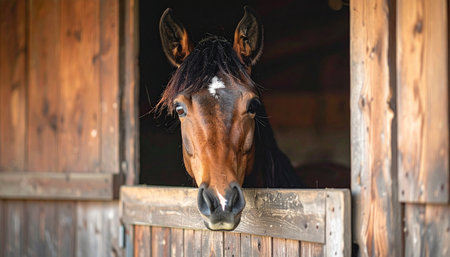 A gentle bay horse with a curious expression peeks its head over the wooden door of its rustic stable. Bathed in soft light, the animals calm gaze creates a moment of quiet connection, embodying the peaceful and simple life of the countryside.の素材