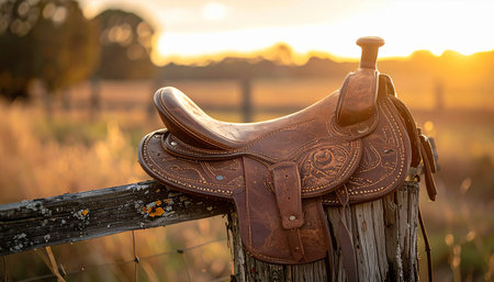 As the golden sun dips below the horizon, a well-worn leather saddle rests on a rustic fence post. A quiet symbol of a days work completed on the ranch, evoking a sense of peace, nostalgia, and the enduring spirit of the American West.の素材