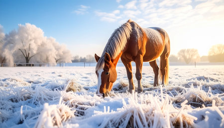 As the winter sun rises, its golden rays illuminate a serene, frost-covered landscape. A majestic brown horse peacefully grazes, its warm breath misting in the cold air, embodying resilience and tranquility in the quiet beauty of a new day.の素材