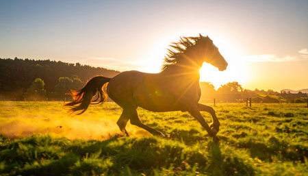 A powerful horse with a flowing mane gallops freely across a grassy meadow, its form silhouetted against the brilliant golden light of a setting sun. This image captures a moment of pure, untamed energy and the majestic beauty of nature, symbolizing freedom, strength, and the spirit of the wild.の素材