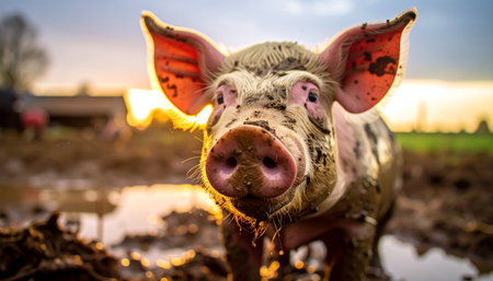A curious and friendly pig, covered in a happy layer of mud, pauses to look directly into the camera. The warm, golden light of a setting sun illuminates its features, creating a charming and authentic portrait of life on a sustainable, free-range farm.の素材