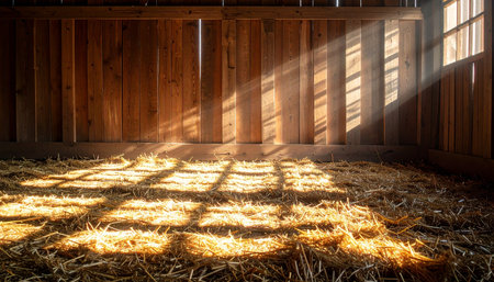 Golden morning sunlight streams through the windows of an old, rustic barn, casting long shadows across the hay-covered wooden floor. The quiet, peaceful atmosphere evokes a sense of nostalgia, hope, and the simple beauty of country life.の素材