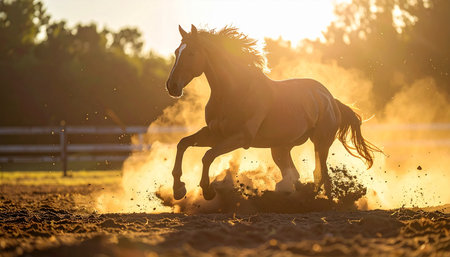 A powerful horse gallops freely through a dusty paddock, its form silhouetted against the brilliant golden light of a setting sun. The scene evokes a sense of untamed spirit, freedom, and raw natural beauty.の素材