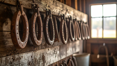A row of old, rusty horseshoes hangs on a weathered wooden wall, each one a silent testament to a history of hard work and rural life. Bathed in the soft light from a nearby window, this collection in a rustic barn evokes a sense of nostalgia, tradition, and the enduring symbol of good luck.の素材