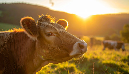 A gentle brown cow basks in the warm, golden glow of a setting sun. Standing peacefully in a lush pasture, the tranquil scene evokes a sense of harmony and the simple, idyllic beauty of rural life.の素材