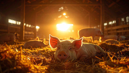 A small piglet finds a moment of peace, resting comfortably on a bed of straw. The setting sun casts a warm, golden glow through the barn, backlighting its delicate ears and creating a serene, almost magical atmosphere of quiet contentment on the farm.の素材