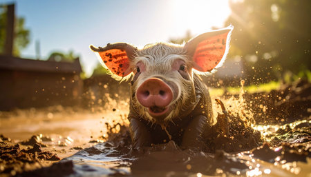 A delighted young piglet finds pure bliss, splashing enthusiastically in a muddy puddle as the warm light of a rising sun glows behind it. This charming, eye-level shot captures a moment of uninhibited joy and the simple pleasures of farm life.の素材