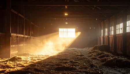 Golden morning light streams through a dusty window, illuminating the quiet interior of an old barn. The brilliant sunbeams cut through the atmospheric haze, casting a warm, hopeful glow over the hay-covered floor, creating a scene of rustic tranquility and peaceful solitude.の素材