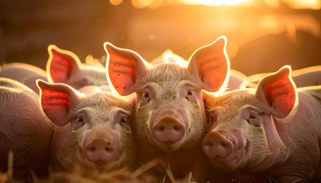 Three curious young pigs huddle together, their ears glowing in the warm, golden light of a beautiful sunset. This charming scene captures a moment of innocence and friendship on a rustic farm, evoking feelings of warmth, community, and the simple joys of country life.の素材