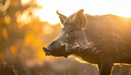 A majestic wild boar stands peacefully in a forest clearing, its silhouette illuminated by the warm, golden glow of the setting sun. The soft light highlights the texture of its fur, creating a serene and powerful portrait of wildlife in its natural habitat.の素材