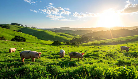 A family of pigs grazes peacefully in a vast, sun-drenched pasture. The golden light of sunset illuminates the rolling green hills, creating a serene and idyllic scene of sustainable, free-range farming and animal welfare.の素材