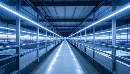 A long, symmetrical corridor stretches into an infinite vanishing point, illuminated by cool blue neon lights. This futuristic hallway represents the pathway of data, innovation, and progress in a modern high-tech facility or server farm.の素材